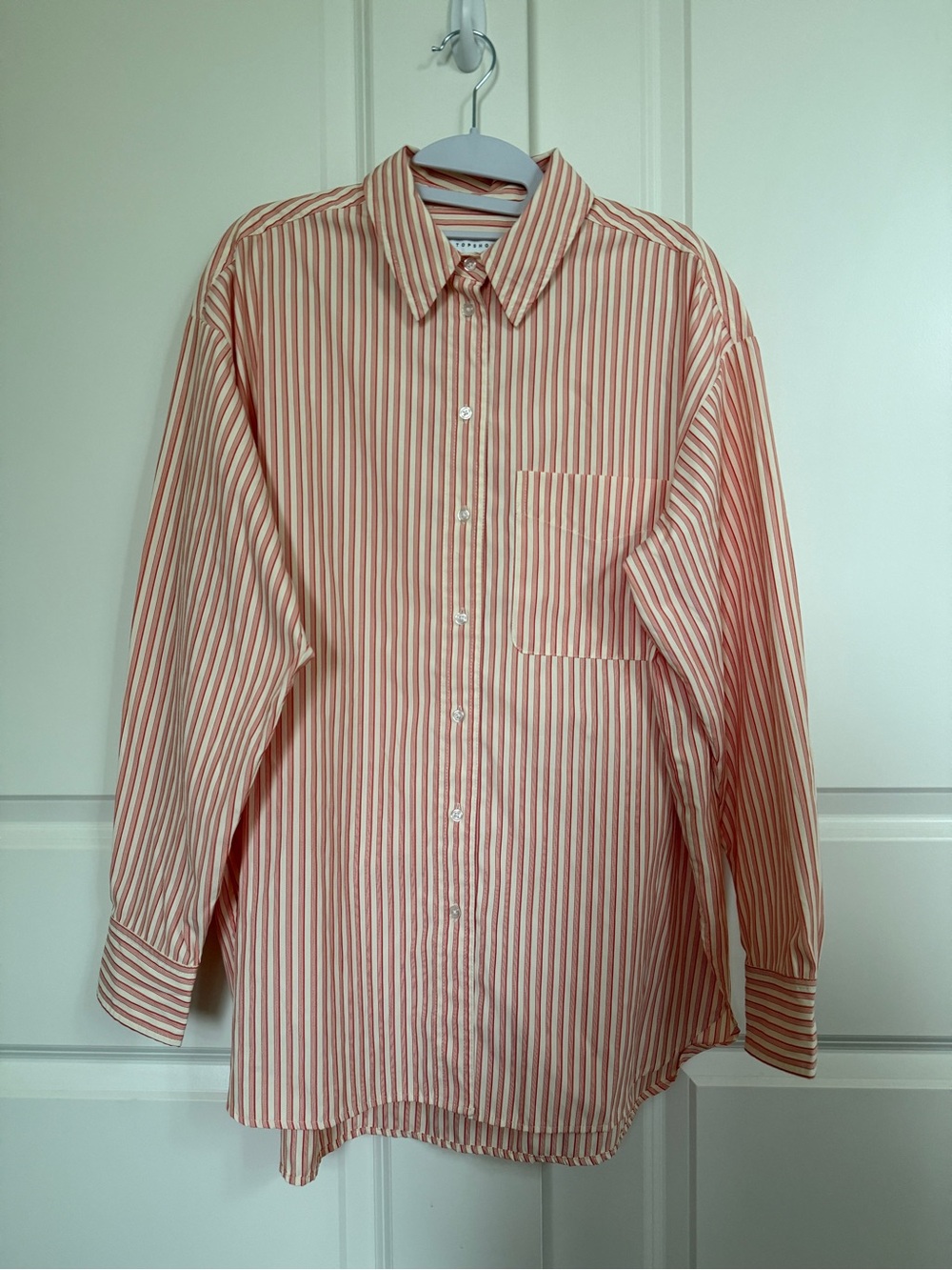 Topshop Red and White Oversized Pinstripe Button Down Shirt Women’s M/6